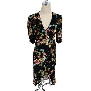 Haute Project Women's Wrap Dress Size Medium Black Floral Tiger Boho Midi
